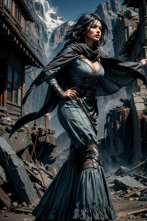 MariaCalavera, dark skin, black hair, short hair, silver eyes, dress, cleavage, cape, belts, hood, cowboy shot, (dynamic pose), standing in city ruins on hill, in valley, BREAK mountains in background, waterfall, crowd, (crowd in military uniform), post-ap...