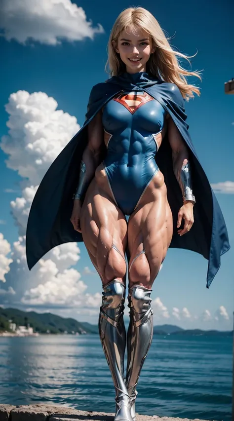 (Muscular:2.3), (thick thighs:1.9),
blonde female, (supergirl), (big smile:1.5), blunt bangs, (ponytail:0.7),
earrings, lipstick, eyeshadow,
hard nipples, large breasts,
(full body suit, blue bodysuit:1.8), (small cape:1.3),
looking at viewer, three quarte...