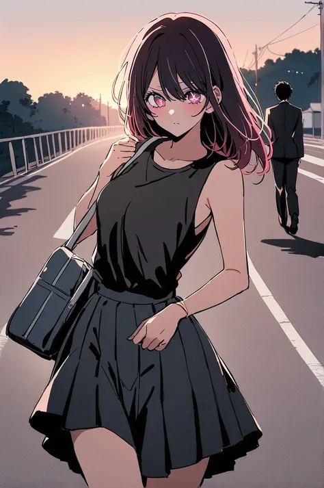 masterpiece, Highest quality, oshi no ko, One girl, He cultivated four (oshi no ko), Wearing a sleeveless top and a school bag, One boy, Hoshino Aquamarine wears a black suit, walk on the road at dawn