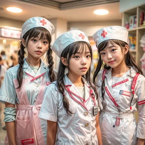 KAWAII girls in Kidzania trying on a Nurse uniform, extremely detailed eyes and face, beautiful detailed lips, longeyelashes, intricate costume details, realistic lighting, (best quality,4k,8k,highres,masterpiece:1.2),ultra-detailed,(realistic,photorealist...