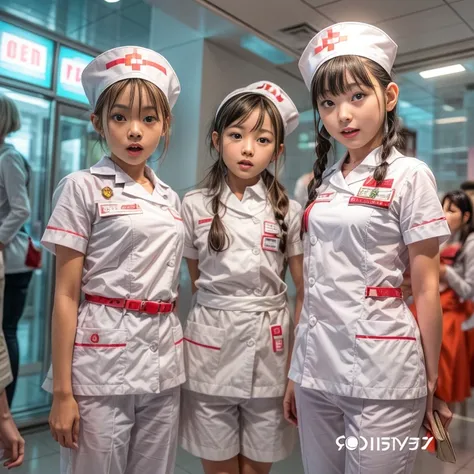 KAWAII girls in Kidzania trying on a Nurse uniform, extremely detailed eyes and face, beautiful detailed lips, longeyelashes, intricate costume details, realistic lighting, (best quality,4k,8k,highres,masterpiece:1.2),ultra-detailed,(realistic,photorealist...