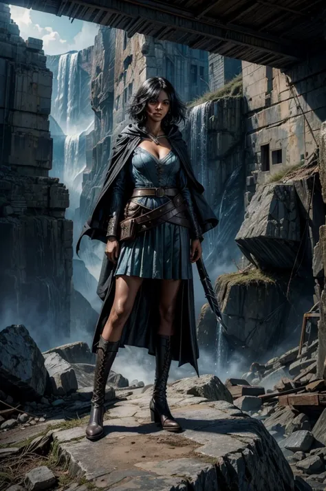 MariaCalavera, dark skin, black hair, short hair, silver eyes, dress, cleavage, cape, belts, hood, cowboy shot, (dynamic pose), standing in city ruins on hill, in valley, BREAK mountains in background, waterfall, crowd, (crowd in military uniform), post-ap...