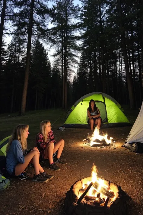 Picture taken with an iPhone. Camping area. Wearing only underwear. Two girls together. One girl is blonde and the other girl is brunette. Around one fire. It’s almost nighttime 