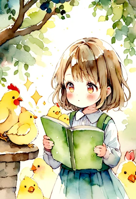 A girl around 4 years old is holding an egg happily.　There are chickens and chicks around　Picture books　Watercolor