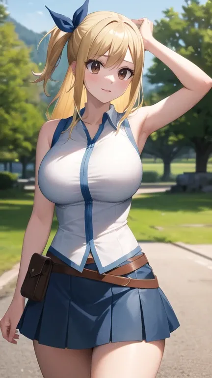 masterpiece, best quality, highres, lucy heartfilia, 1girl, solo, blonde hair, brown eyes, long hair, hair ribbon, large breasts, white shirt, sleeveless, belt, blue skirt, cowboy shot, standing, outdoors