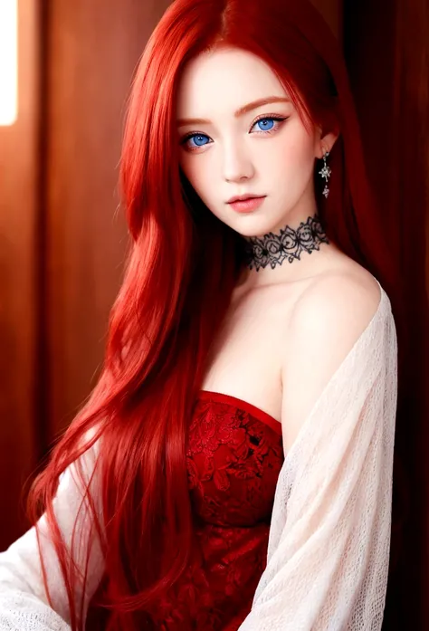 Red hair woman , medium blue eyes , muka