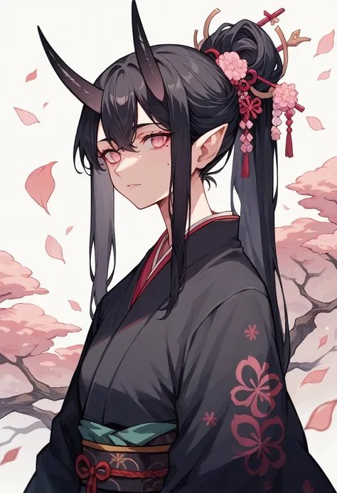 elven ears, dark black hair, long hairstyle, pink eyes, japanese style, japanese black kimono, black horns, a mole under the left eye