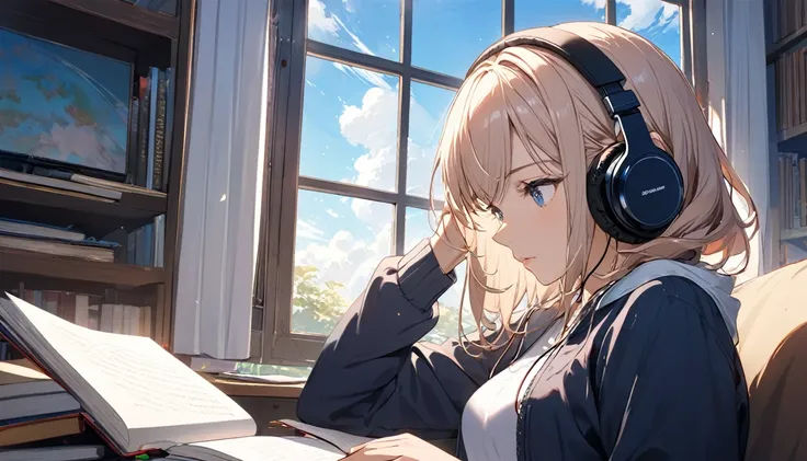 (Highest quality)A woman concentrating on her studies,Put on headphones,In front of a large window,blue sky