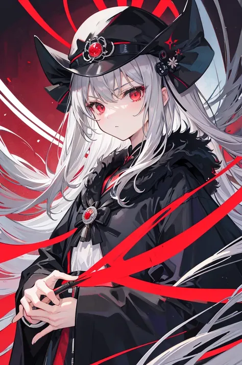 （high quality），（masterpiece），Gray Hair，Girl，Poker face，flat chest，Black Kimono，serious，solo，coat,red eyes