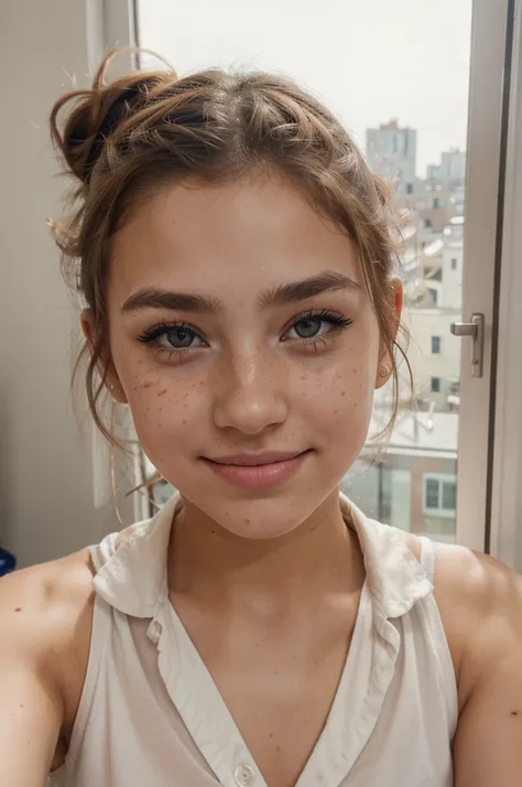 13 year old girl, sparkling eyes, freckles, pouting lips, eyeliner, elegant eyebrows, smile, messy hairbun, smiling, taking a morning selfie by the window, aesthetic, wearing an unbuttoned shirt,