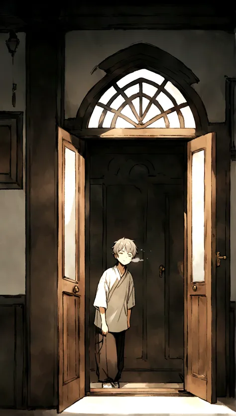 /imagine prompt: A young man standing at the door, breathing deeply, with a tired expression on his face. Elder He, inside the door, immediately notices your arrival and stops your actions, welcoming him with respect in his face. The surroundings are peace...