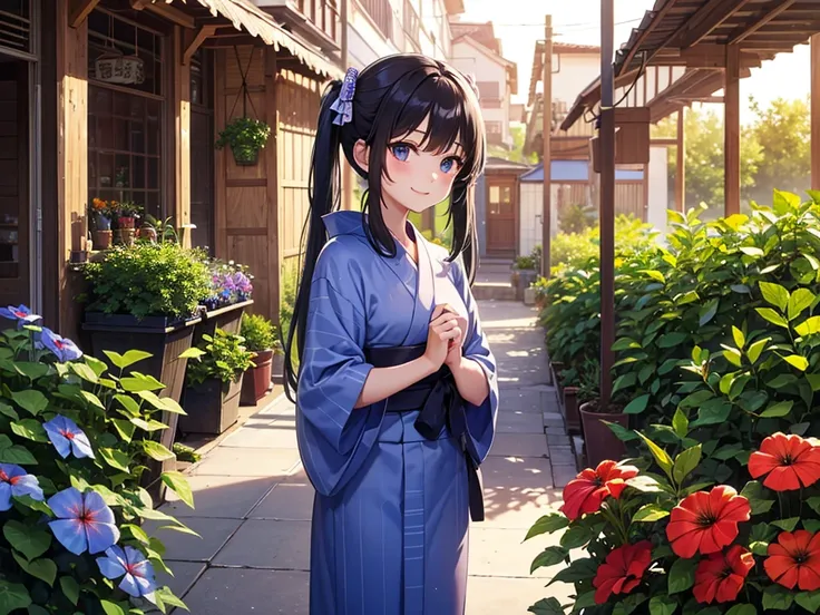 Summer sky　Summer sunshine　Morning glory market　Light blue long hair　beautiful girl with twin tails　Beautiful girl in yukata　Many potted morning glories are lined up　Bright smile　