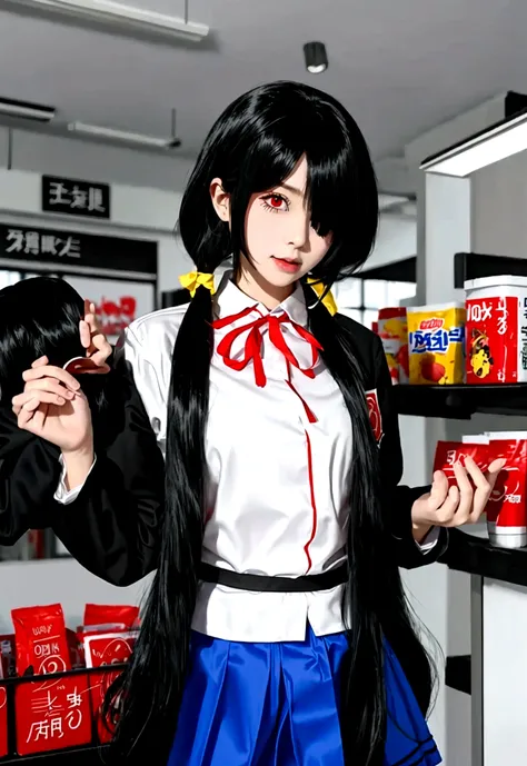 ultra-detailed,highly detailed,best quality,masterpiece,illustration, 
The image depicts an anime girl in a convenience store, looking down at her phone. The girl has long black hair with two blonde streaks, and wears a white shirt with a red bow tie, a bl...