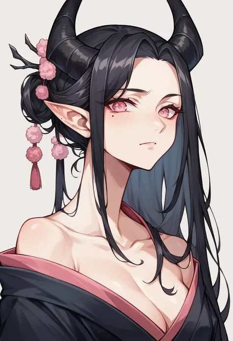 elven ears, dark black hair, long hairstyle, pink eyes, japanese style, japanese black kimono, black horns, a mole under the left eye