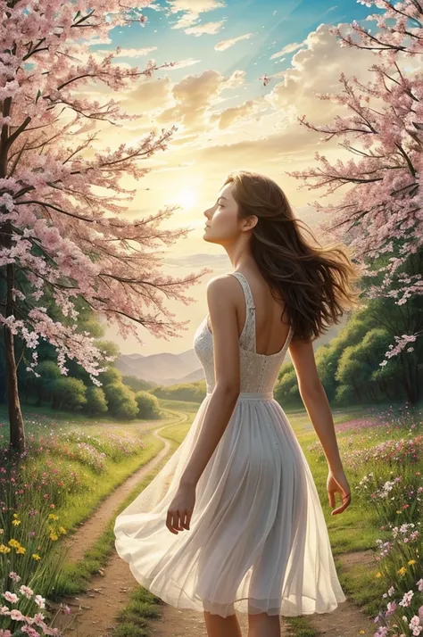 (Highest quality, masterpiece:1.2), watercolor painting Super detailed, Realistic:1.37, High resolution, Detailed Background, Majestic field of flowers々Silhouette of a girl walking along a path stretching to the horizon, A woman with wings, angelic looking...