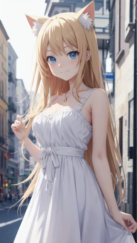 cat girl, fake cat ear, 1girl, top half body, breasts, looking at viewer, blushes, blue eyes, long hair, blonde hair, smile, daytime, sun rays, outside, black and white dress, leaning, depth of field, (blurry background:1.5), ^_^ portrait of an anime perso...