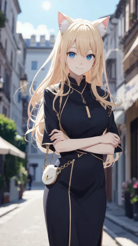 cat girl, fake cat ear, 1girl, top half body, breasts, looking at viewer, blushes, blue eyes, long hair, blonde hair, smile, daytime, sun rays, outside, black and white dress, leaning, depth of field, (blurry background:1.5), ^_^ portrait of an anime perso...