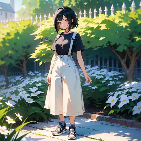 (high quality, High resolution, Very detailed, reality:1.37), Peaceful atmosphere, (Outdoor, garden), Teenage girl standing alone, (my breasts are big.), Beautiful details, Cute Smile, (Black bob hair), Short sleeve shirt, Overalls, Blue socks, sneakers.