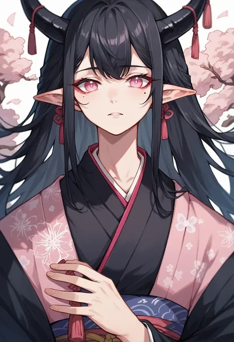 elven ears, dark black hair, long hairstyle, pink eyes, japanese style, japanese black kimono, black horns, a mole under the left eye