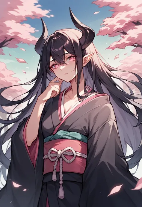 elven ears, dark black hair, long hairstyle, pink eyes, japanese style, japanese black kimono, black horns, a mole under the left eye