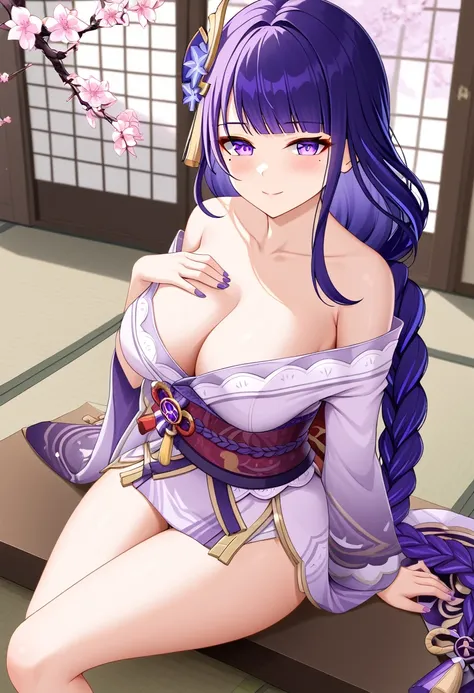 raiden shogun, 1girl, solo, long hair, breasts, looking at viewer, blush, smile, bangs, large breasts, hair ornament, cleavage, bare shoulders, sitting, closed mouth, purple eyes, collarbone, purple hair, braid, flower, thighs, japanese clothes, indoors, k...