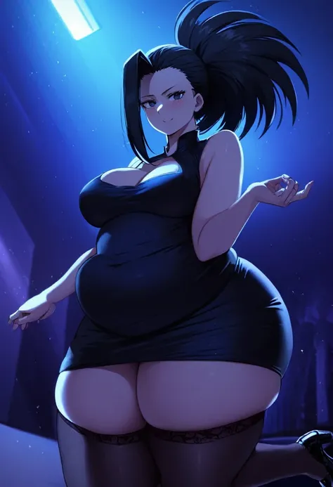 Momo Yaoyorozu from My Hero Academy, girl fat, obese body, big belly, sexy, stockings, black hair, short night dress, night club, night, dark dress, black dress, black stockings, black and black shoes, (Masterpiece:1.2), best quality, high resolution, beau...