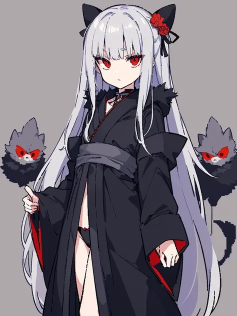 （high quality），（masterpiece），Gray Hair，Girl，Poker face，flat chest，Black Kimono，serious，独奏，coat,red eyes，expressionless, expressionless eyes,Pixel Art