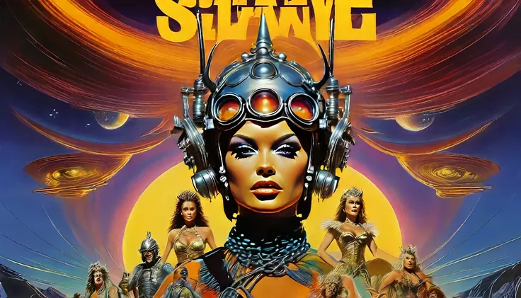 a movie poster for slave girls from beyond infinity, inspired by Clyde Caldwell, futuristic apocalypse, stalenhag, metal album cover, gwar, heavy metal band promo, wayne barlowe pierre pellegrini, retro sci fi, movie poster with no text, movie poster promo...