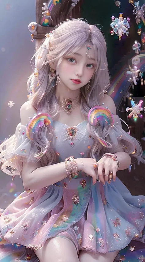 8K, masterpiece, 1 girl, Pretty Face, Very long hair, Light makeup, Delicate eyes, Delicate lips, Small bust, Winter Clothing, Rainbow Skirt, (Wearing Jewelry:1.8), (Rainbow Lace:1.4), ((Snowflakes falling:1.4)), sit,