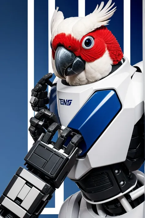 Robot with square parts, a hand with a tenasa with tires, red eyes and a cockatoo in the right eye and it is white with red and blue stripes