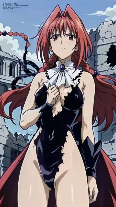 masterpiece, Highest quality,High resolution,Dorothy, Redhead,Red eyes, Have,dress,Braiding, black dress,One side of the dress is torn at the chest、Dust cloud、tits、Nipples fully visible、receive damage from an attack、anime、((Battle scene in the ruins))、blus...