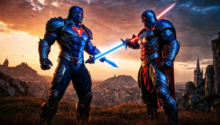 Darkseid, (DC comic character), super muscular body on steroids, red laser beams coming out of his eyes, lots of energy, great destructive glow. blue medieval armor legendary sword in his hand, (sunset), dark fantasy image, ethereal atmosphere, cinematic l...