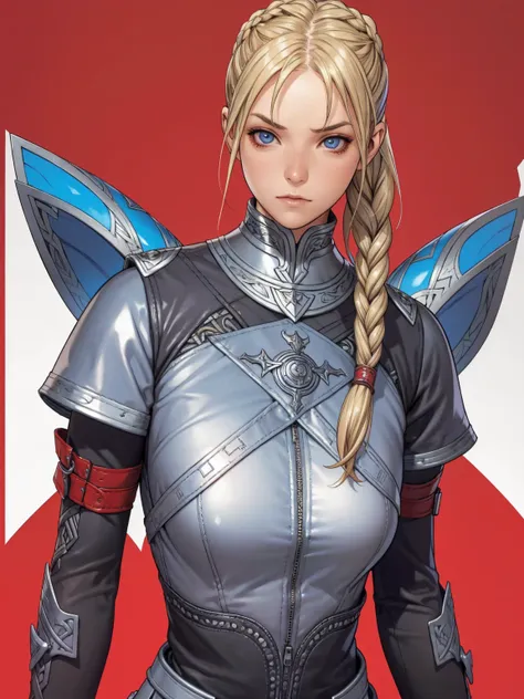 1 girl, viking, blonde hair with two braids, blue colored eyes, leather armour, gray clothes, red clothing, dark clothes, noble ...