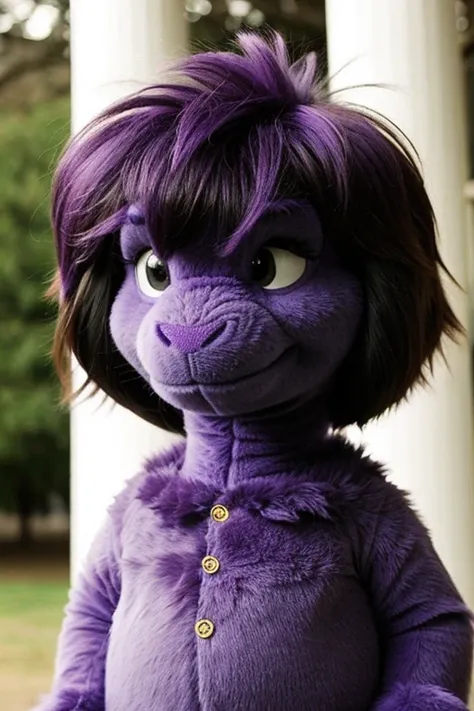 I want to generate an image of Barney the purple dinosaur with bangs
