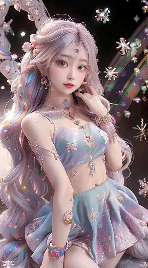 8K, masterpiece, 1 girl, Pretty Face, Very long hair, Light makeup, Delicate eyes, Delicate lips, Small bust, Winter Clothing, Rainbow Skirt, (Wearing Jewelry:1.8), (Rainbow Lace:1.4), ((Snowflakes falling:1.4)), sit,