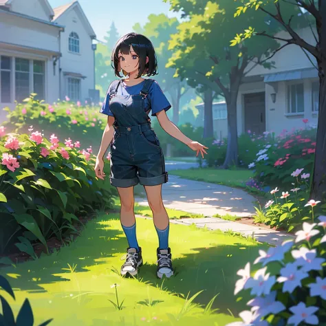 (high quality, High resolution, Very detailed, reality:1.37), Peaceful atmosphere, (Outdoor, garden), Teenage girl standing alone, (my breasts are big.), Beautiful details, Cute Smile, (Black bob hair), Short sleeve shirt, Overalls, Blue socks, sneakers.