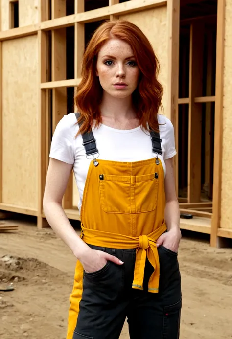 25 year old woman, redhead, sexy fit body, straight hair, tied up by construction work, swollen hand, overalls