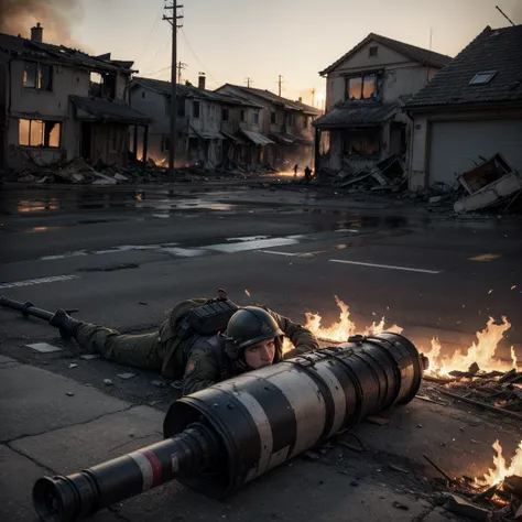 Fallen soldier in war gear, destroyed neighborhood, fire in houses and buildings 