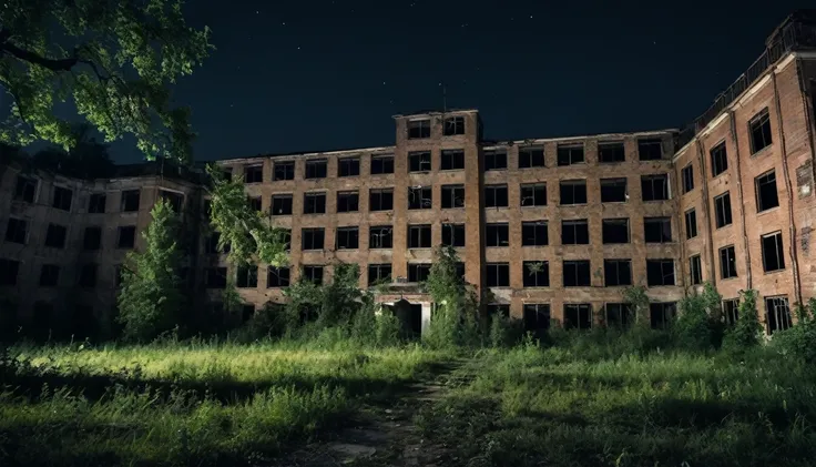  An image of an old abandoned psychiatric hospital on the outskirts of the city. the night,  PICTURE REALISTIC, high resolution, 8K 