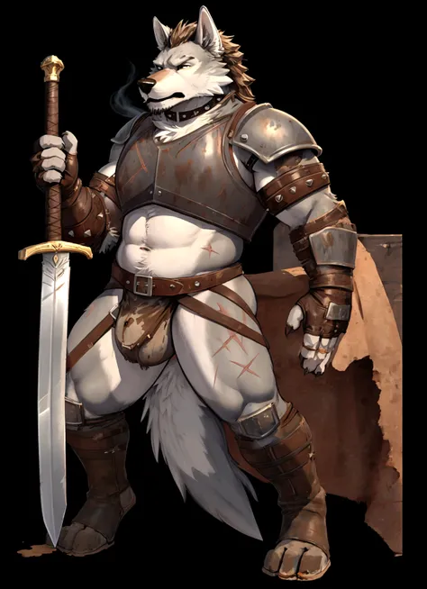 Solo Sexy young anthro furry wolf male mercenary medieval solider, slim endomorph muscular, anthro handsome gay shorter muzzle, handsome gay model male apperance, sword scars, worn out leather skimpy armament, low on hips heavy leather belt, old very worn ...