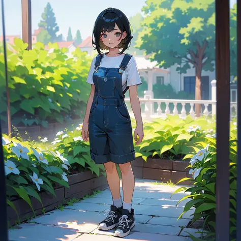 (high quality, High resolution, Very detailed, reality:1.37), Peaceful atmosphere, (Outdoor, garden), Teenage girl standing alone, (my breasts are big.), Beautiful details, Cute Smile, (Black bob hair), Short sleeve shirt, Overalls, Blue socks, sneakers.