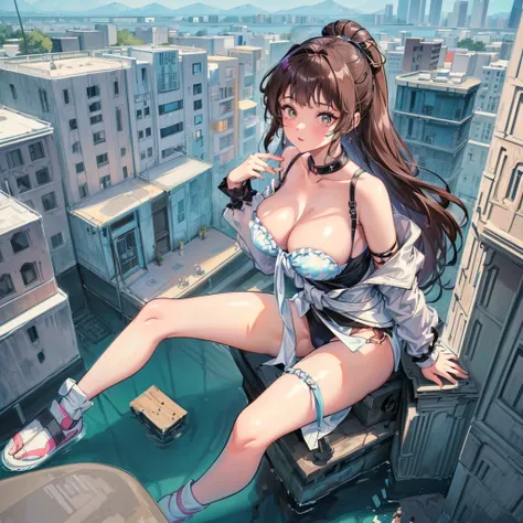 ((Top view))　((giant girl))　((giantess))　((Tall Woman))　　((ビルの屋上に座っているSwimwearを着た巨大な女))　Adult women　Woman in her 20s　((car))　((telephone pole))　　masterpiece　Unreal Engine　Anime Style　Delicate painting　4K　90s　giant　Multiple Girls　crowd　Residential Street 　J...