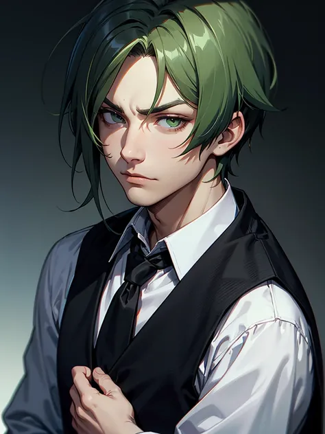 ((Portrait Photo)), He has a Youthful and Nonchalant Appearance, with a Slim Build and Calm Demeanor. He Expresses an Indifferent and Lazy Look, Giving Off an Serene Attitude. He has Light Green Eyes, and His Hair is Short and Tousled, Jet Black, with Stra...