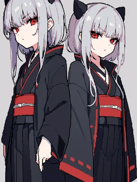 Gray Hair，Girl，Poker face，flat chest，Black Kimono，serious，独奏，coat,red eyes，expressionless, expressionless eyes,Pixel Art，No hair ornament,no hat，