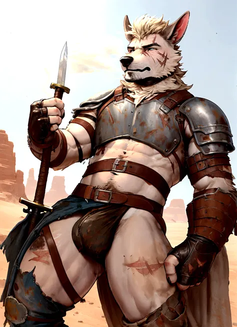 Solo Sexy young anthro furry goat male mercenary medieval solider, slim endomorph muscular, anthro handsome gay shorter muzzle, handsome gay model male apperance, sword scars, worn out leather skimpy armament, low on hips heavy leather belt, old very worn ...