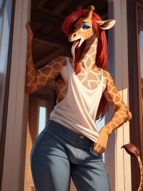 Masterpiece, hi res, absurdres, Best Quality, detailed, 4K, 8K, detailed,HD, By bebebebebe, by wsache, by greasymojo, by inu-sama, solo,tall,detailed eyes, male,girly, androgynous,makeup, giraffe anthro,giraffe, red hair,long hair, long neck, Open mouth, t...