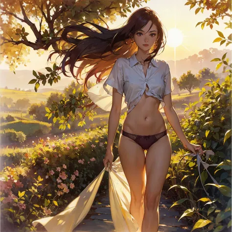 Exquisite, slender, delicate girl of 16 years old with a perfect gentle face of the southern type (with short dark burgundy hair) with freckles (with ruby earring) in the rays of the rising sun, naked with tender bare breasts with pink swollen nipples ((ba...