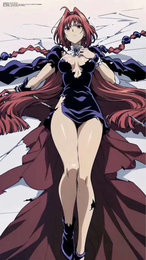 masterpiece, Highest quality,High resolution,Dorothy, Redhead,Red eyes, Have,dress,Braiding, black dress,One side of the dress is torn at the chest、Dust cloud、tits、Nipples fully visible、receive damage from an attack、anime、((Battle scene in the ruins))、blus...