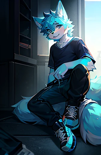 Cyan furry male wolf with fluffy white fur wearing dark blue shirt, dark blue pants and black sneakers with blue details