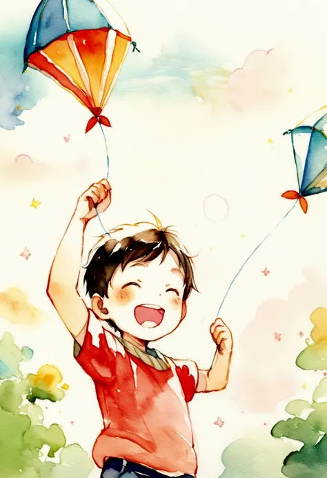 A boy around 4 years old is having fun flying a kite　Picture books　Watercolor